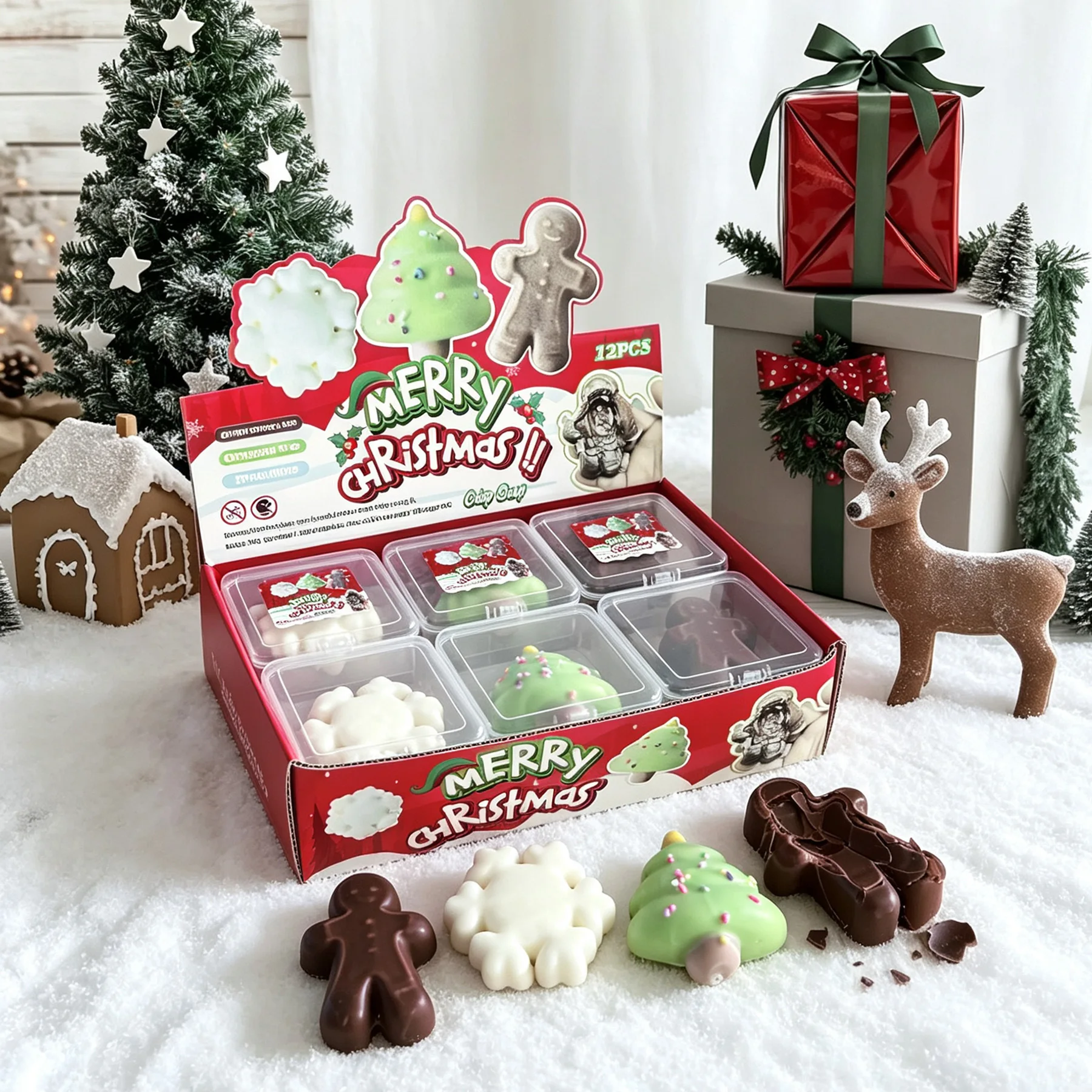 サクサクとした食感の、握って遊べるおもちゃ。クリスマスをテーマにした、ワックスでできた、音が鳴るストレスボール。柔らかく、本物の食品のような感触で、握って遊ぶことでストレスを解消できる。