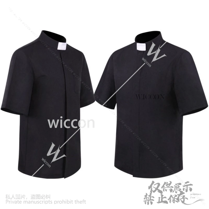 Anime Halloween Black Priest Shirt Men Cosplay Catholic Church Missionary Short Sleeve Top Role Play Roman Polo Shirt Customized