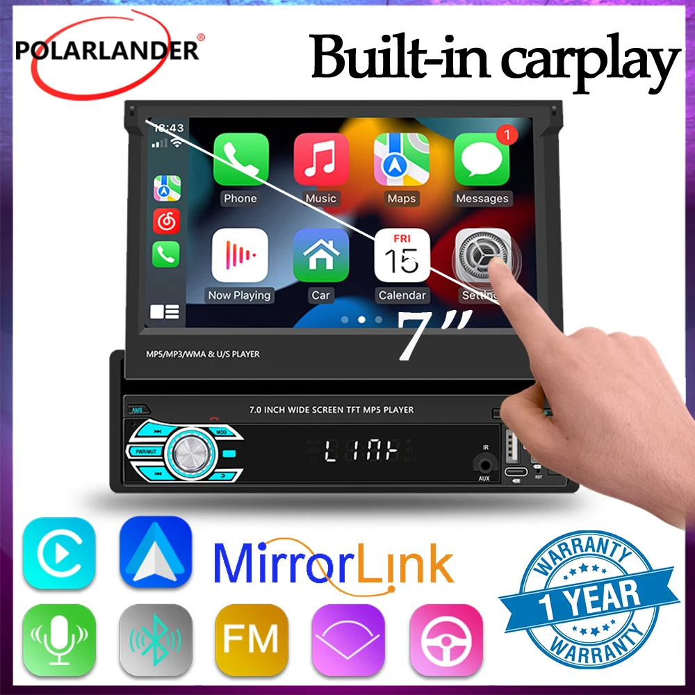

Single Din Foldable Car Radio - 7" Capacitive Touch Screen CarPlay Android Auto Bluetooth 5.1 SWC USB/Type-C Charging 12V