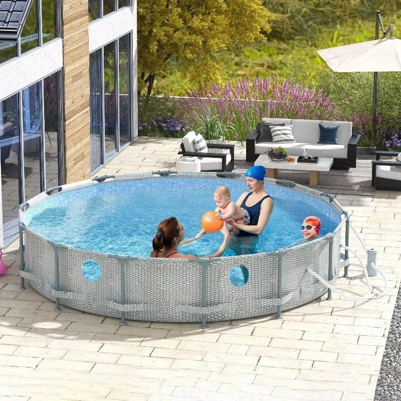 FL Customized Easy Install Round Above Ground Pool Gray Wicker with Cartridge Filter Pump Repair Patch Metal Frame PP Material