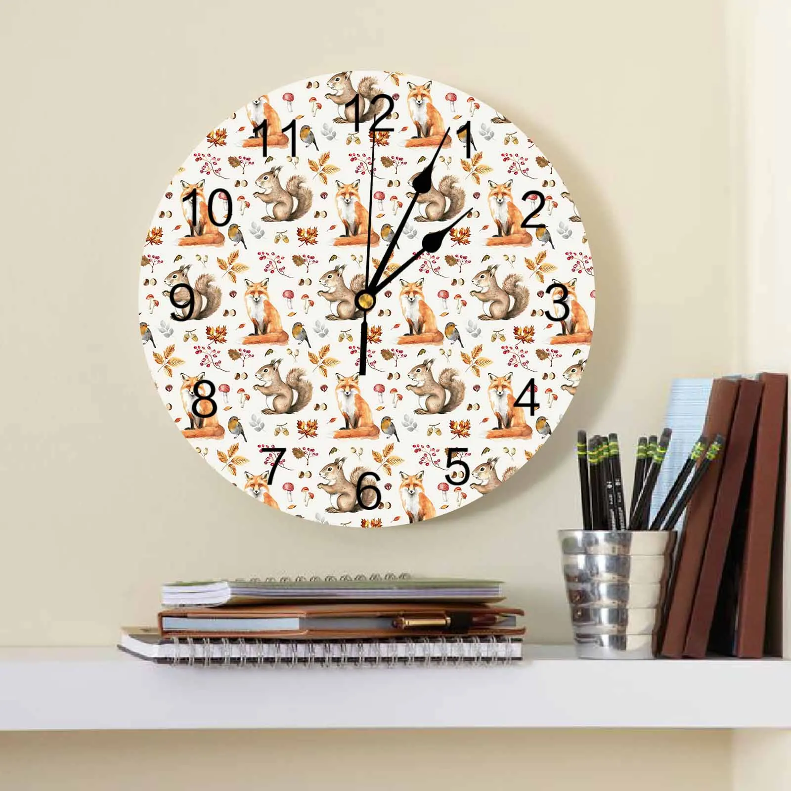 Autumn Thanksgiving Autumn Plants Squirrel Fox Printed Wall Clock Modern Silent Clock Living Room Home Decor Wall Hanging Watch