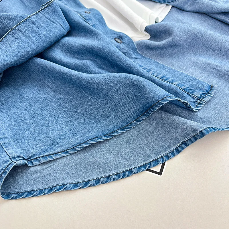 Chemise en jean Lyocell mi-longue pour femme, chemisiers à manches tombantes, vêtements décontractés, grande taille, simple, automne, hiver, Y-E21,