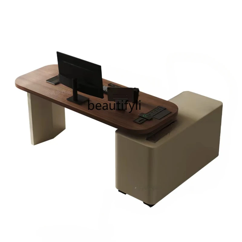 Italian Walnut Decorative Office Desk Light Luxury Modern Saddle Leather Solid Wood Desk Designer Home