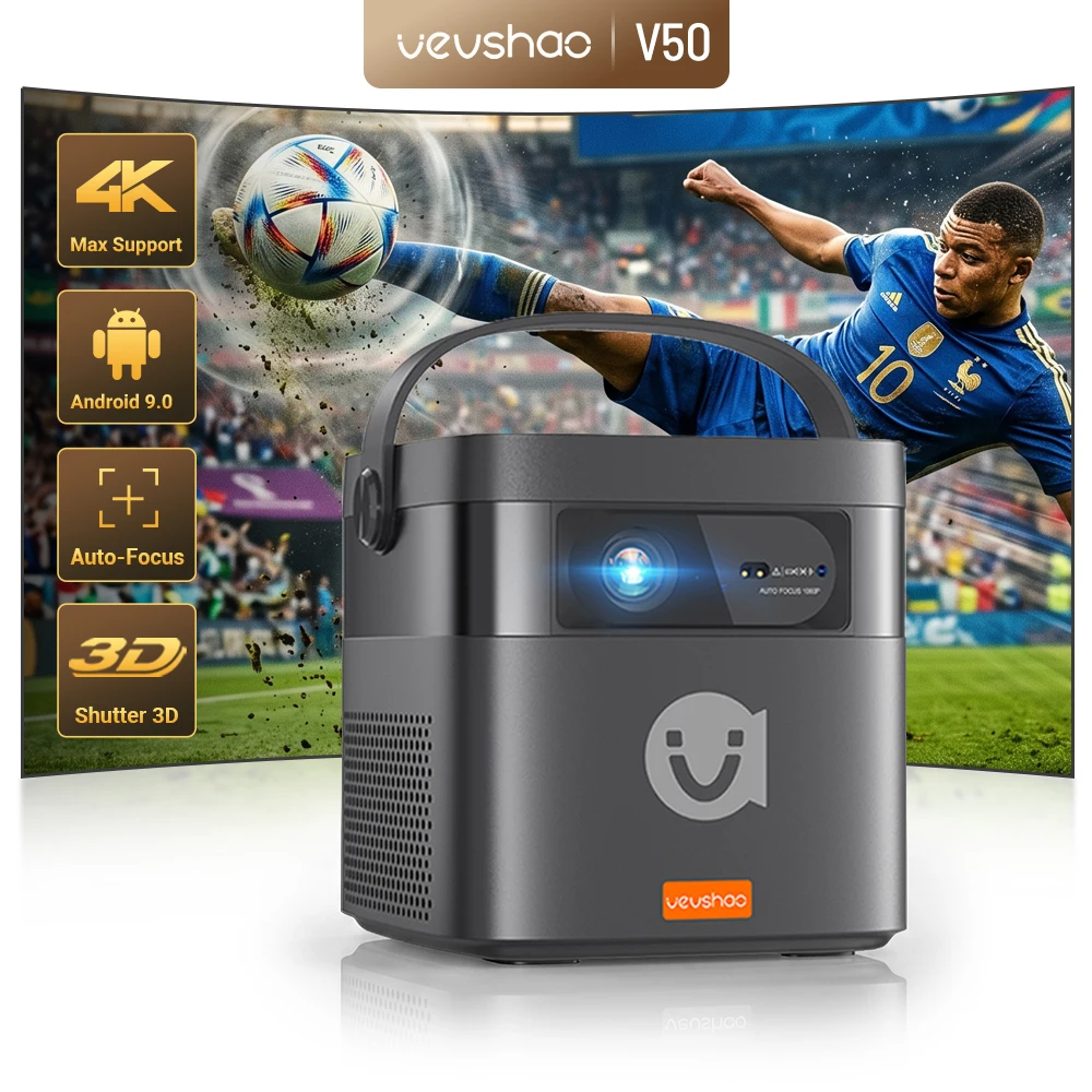 VEVSHAO V50 400ANSI DLP Projector Airplay Miracast 15000mAh Battery Android 9.0 TOF Focus 3D Portable Outdoor Movie Projector