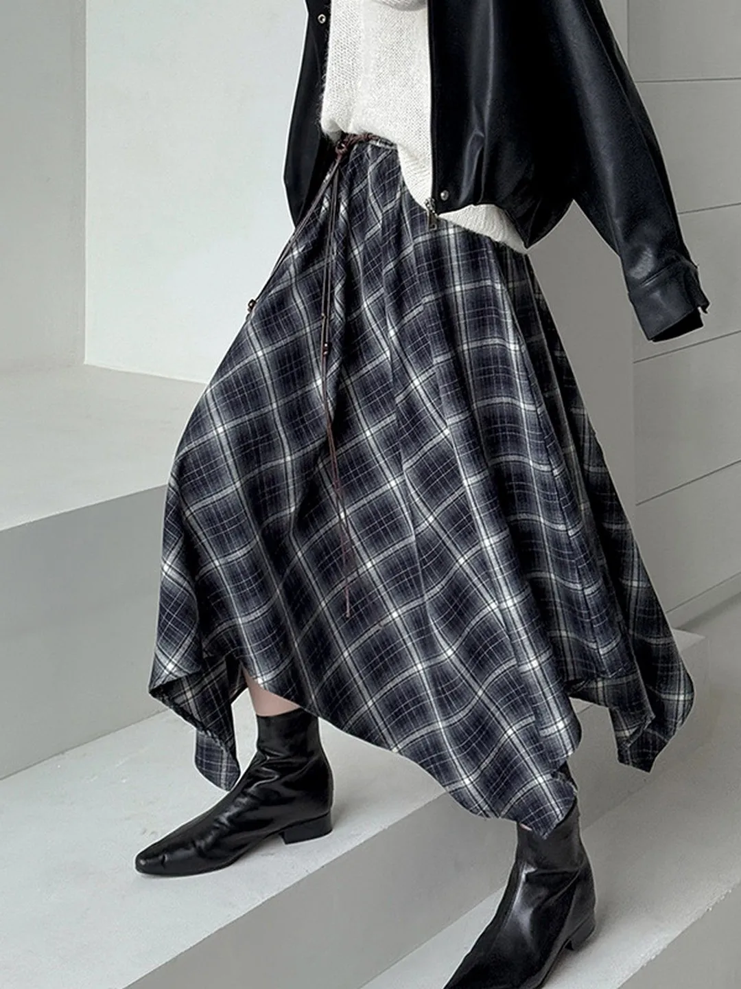 

Retro Plaid Asymmetrical High Waist Midi Skirt Women's Autumn Winter New Dstring Loose A-Line Skirt Casual Busin Wear