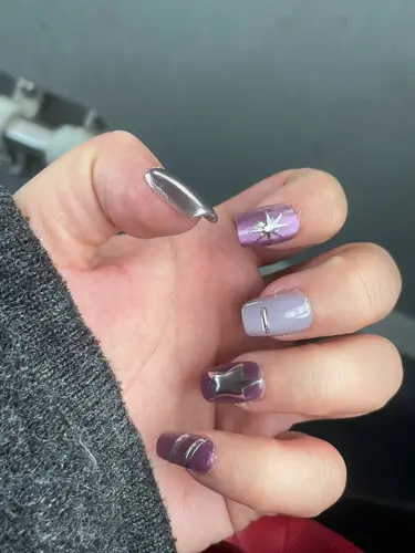 Imagen 2 del producto 10 Uds. De uñas postizas hechas a mano de almendra púrpura hechas a mano, estrella, brillo metálico, Spice Girl, puntas de manicura francesa para uñas, nuevo