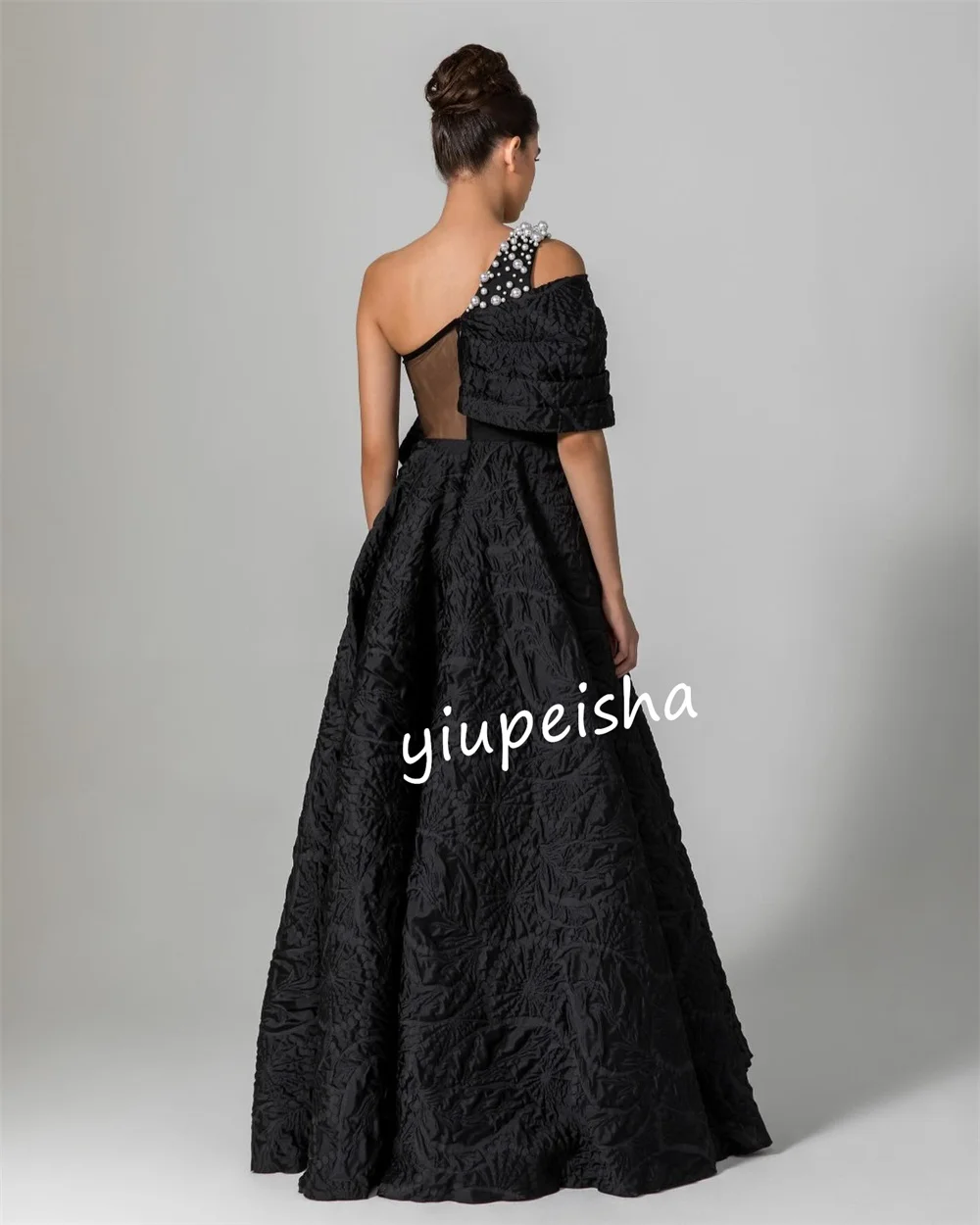 Robe trapèze en jersey plissé à paillettes, asymétrique, épaule dénudée, longue, sur mesure, pour les occasions