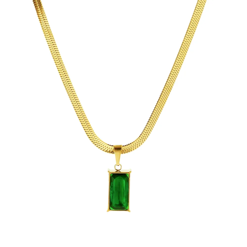 

Punk Clavicle Square Green CZ Pendant Female Gold Color Stainless Steel Flat Snake Chain Choker Necklace for Women Jewelry Gift