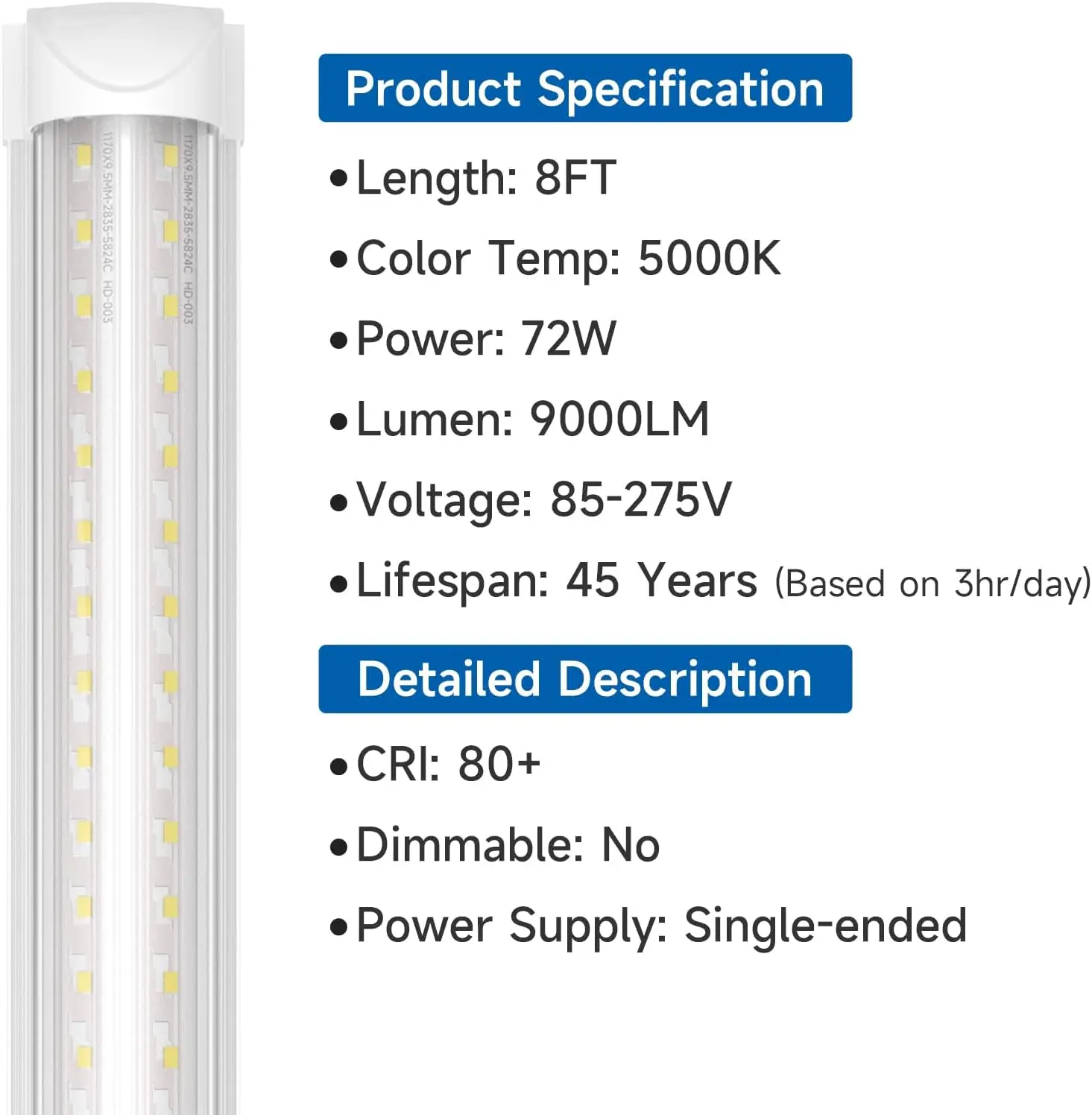 LED Shop Light Fixture, 72W 9000LM 5000K Daylight, Linkable T8 Tube Lights for Garage, Workshop, Basement, Plug-and-Play Install