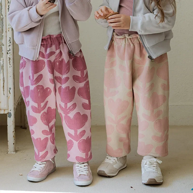 

Trousers Autumn New Korean Fashionable Cotton Soft Velvet Sweet High Waisted Flower Straight Leg Casual Pants Kids Clothes