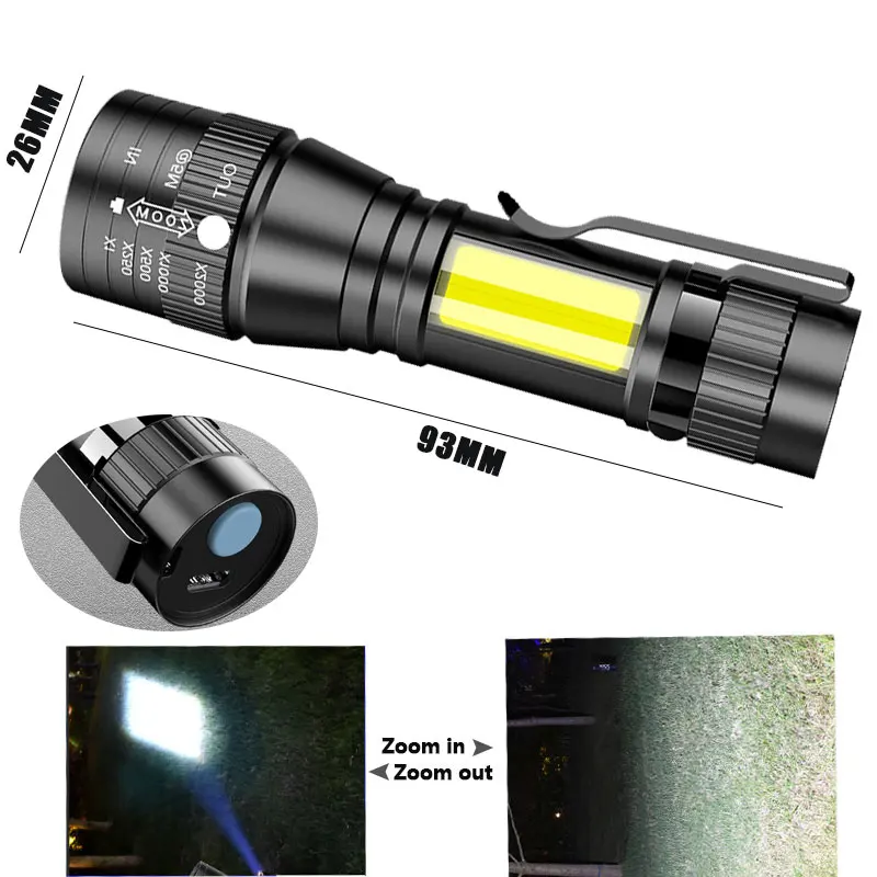 Portable USB Rechargeable LED Flashlight COB+Q5 Built-in batteryTactical Torch Flashlights 3Modes Work Light Emergency Lanterna