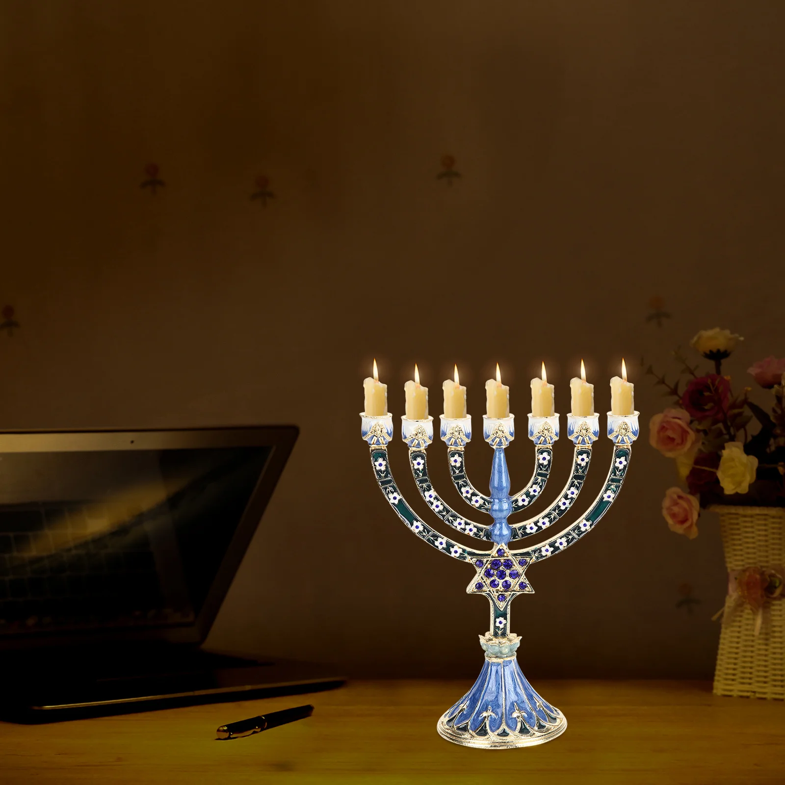 

7 Branches Hanukkah Holder Vintage Metal Candlestick Decorative Table Centerpiece Desktop Ornament Wedding Gift