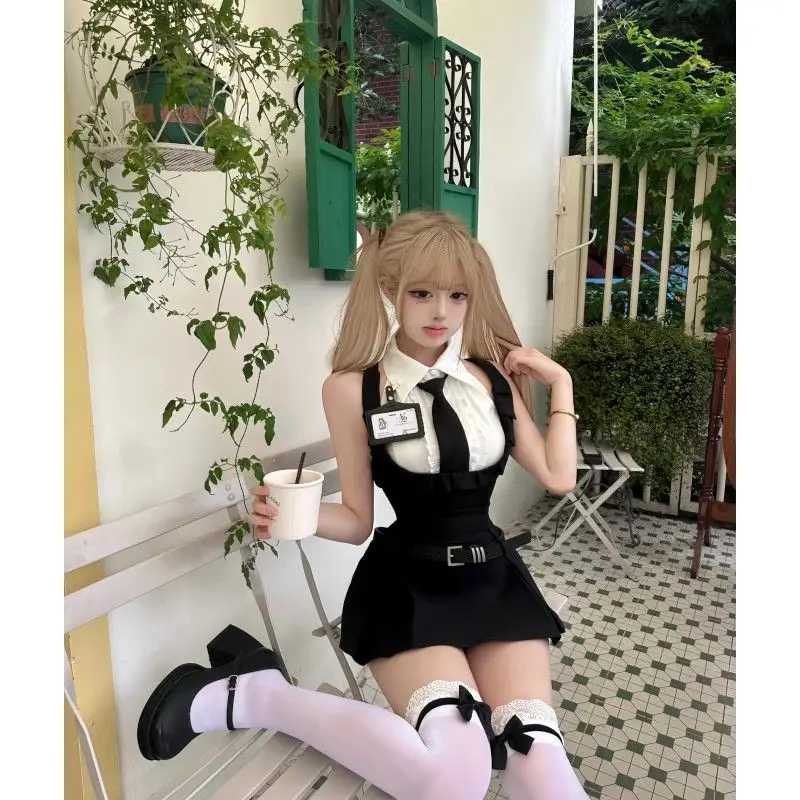 

Pure Desire Style Hot Girl Uniform College Cute Collar Sleeveless Shirt High Waist Suspender Skirt Sexy Suit