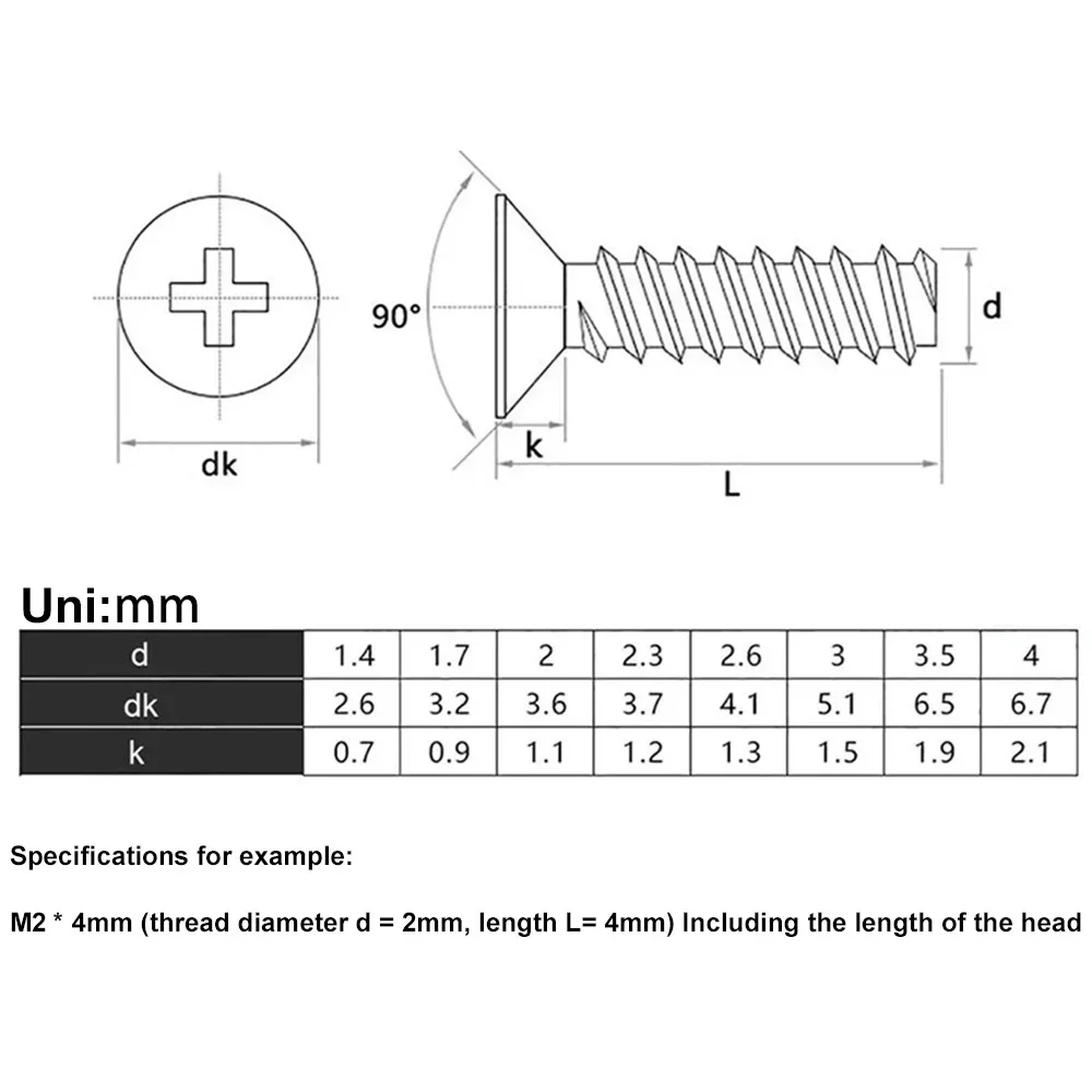 50-500pcs Black Carbon Steel M1 M1.2 M2 M2.3 M2.6 M3 M4 Mini Screw Cross Recessed Countersunk Head Self-tapping Screw