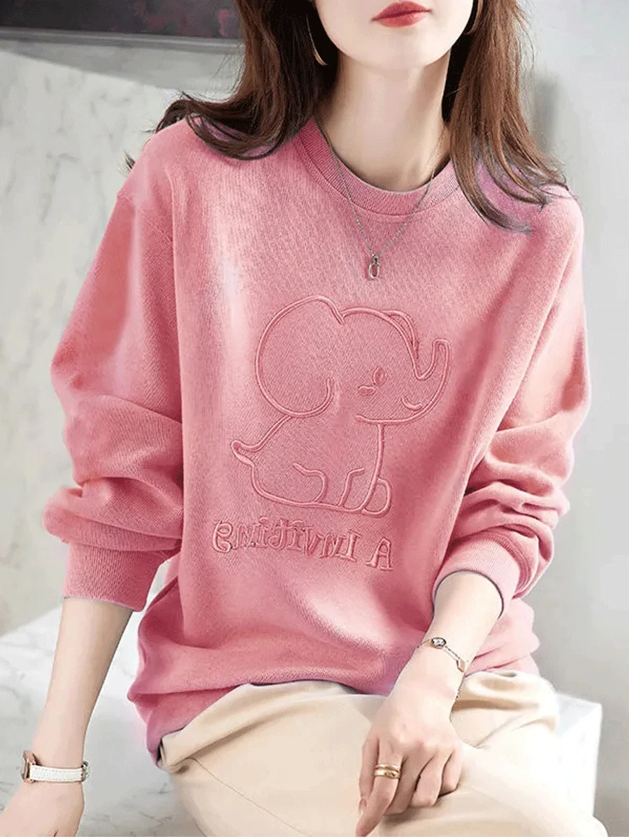 Reine Baumwolle runde Ne Sweatshirt frauen Leichte Lose Casual Faionable Cartoon Stickerei Hoodie Frühling Herbst Neue Ar...