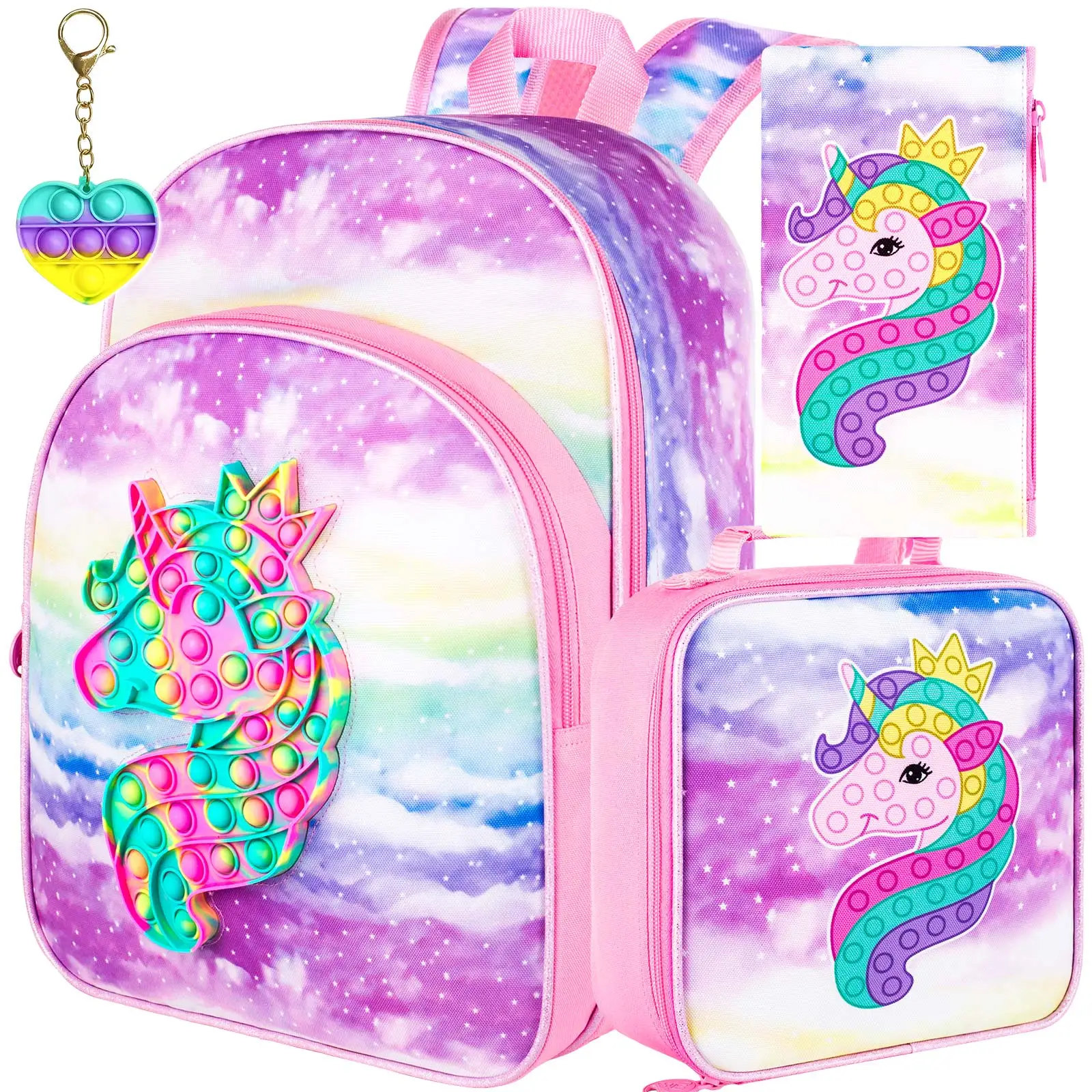 Girls Backpack, 16 Kids Unicorn Mermaid Dinosaur Preschool Bookbag and Lunch Box Set