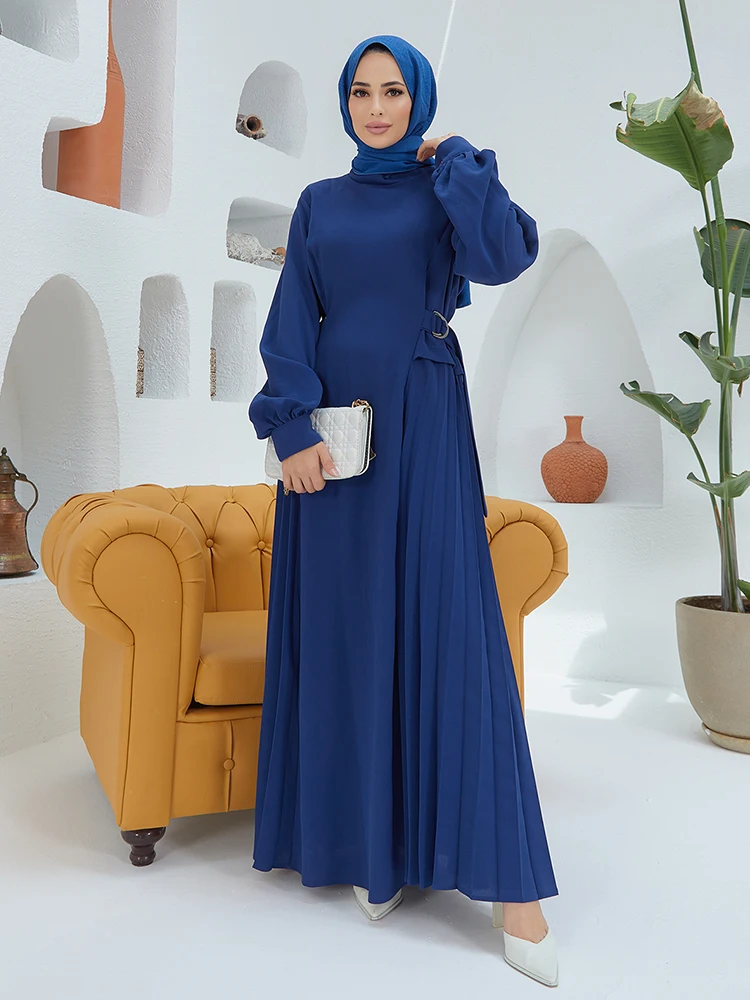 Side Pleated Long Length Women's Dress Islamic Muslim Hijab Clothing Balloon Sleeve Full Sleeve Made in Turkey