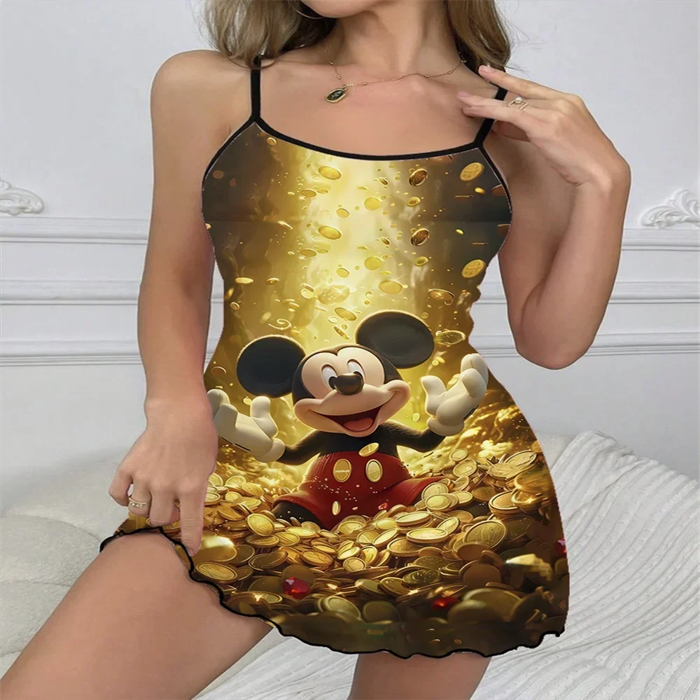 Mickey Pattern Print Women's Nightwear Sexy Charming Female Suspender Sleeping Dress Satin Texture Comfortable Women's Nightwear