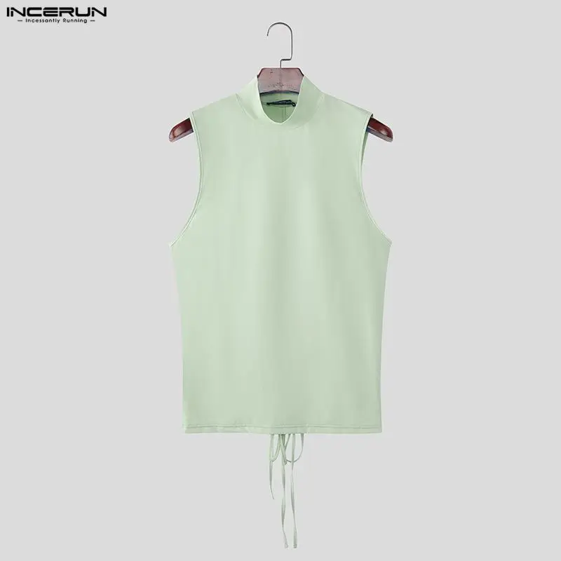 INCERUN Men's Tank Tops Solid Color Turtleneck Sleeveless Male Vests Backless Hollow Out Lace Up Streetwear Tops Men Clothes