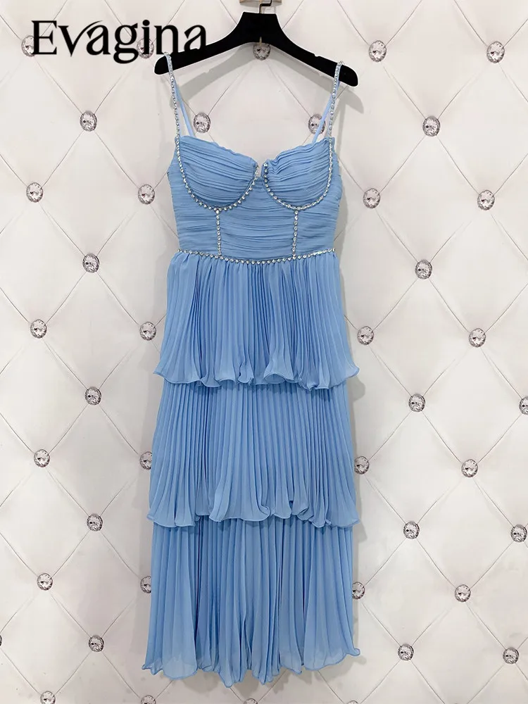 

Evagina Summer Polyester Fashion Temperament Diamond Set Light Luxury Sexy Pleated Slim Blue Suspenders Dress