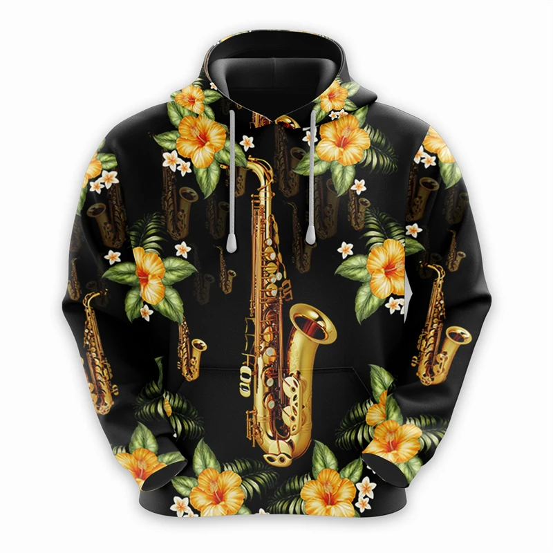 Fashion Saxophone Graphic Hoodies For Men Jazz 3D Musical Notes Printed Hooded Sweatshirt Casual Oversized Women Pullovers