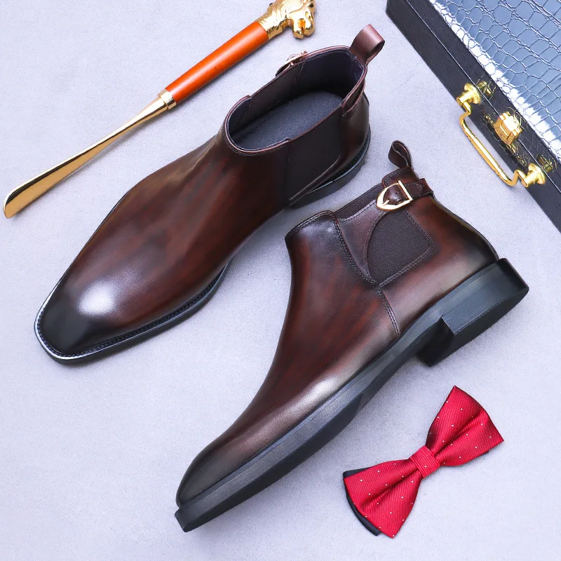 YETTIES Men's New Chelsea Boots, Hand-Burnished Top Grain Leather Slip-On Boots, British Vintage High Top Business Casual