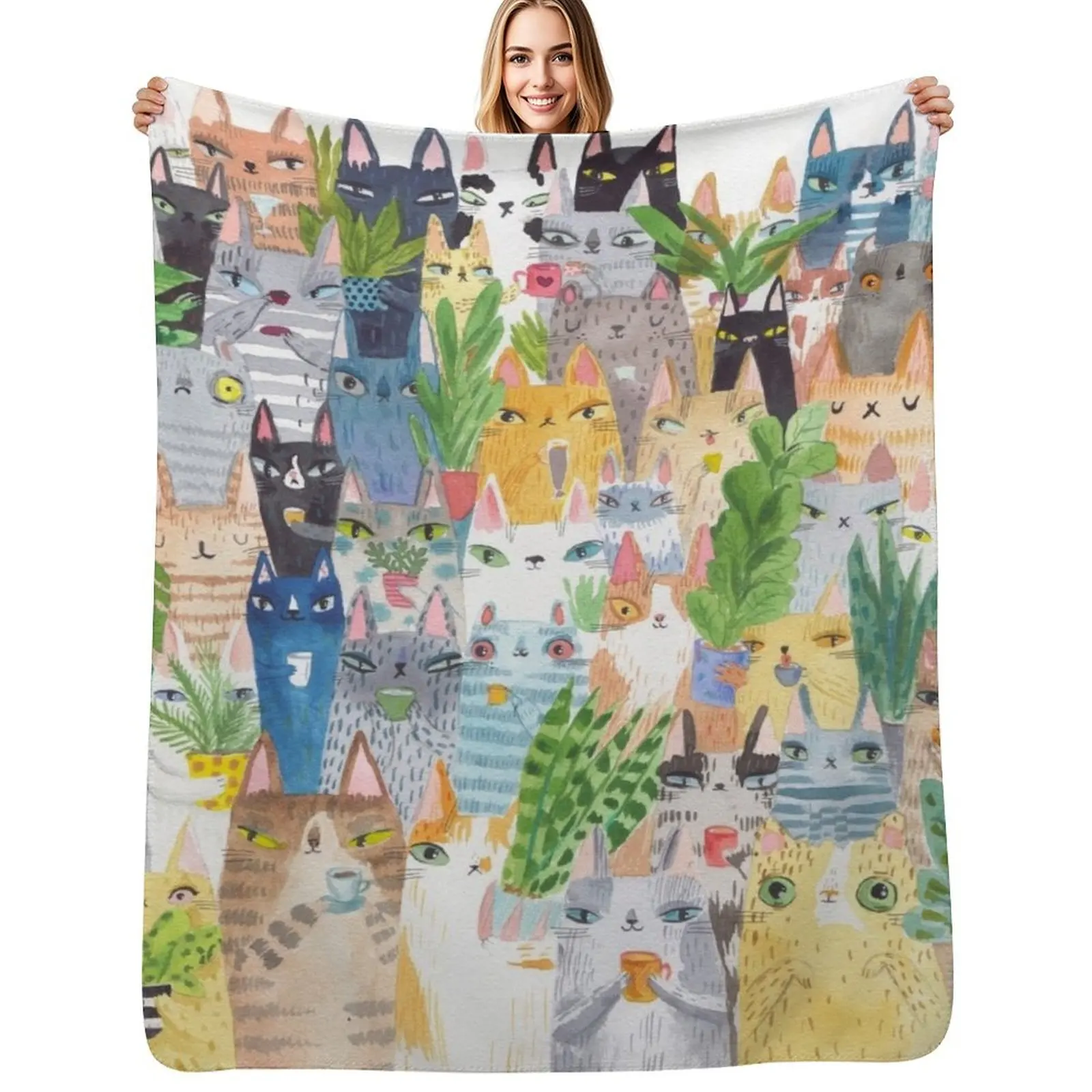 

Lots of cats and plants Throw Blanket Decorative Sofa Shaggy Flannel Blankets