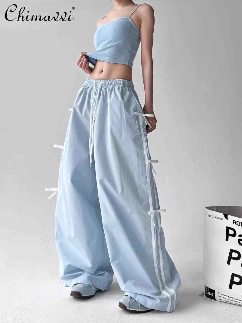 

Solid Color Summer Bow High Waist and Thin Loose Versatile Tooling Wide Leg Long Casual Pants For Women