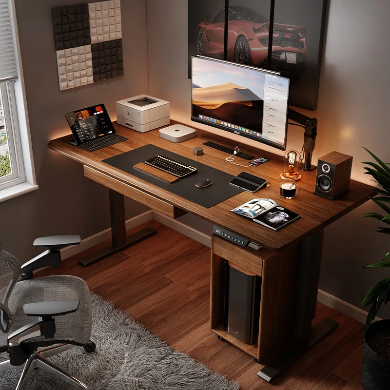 Electric Lifting Table Computer Desk Intelligent Dual Motor Workbench Walnut Color