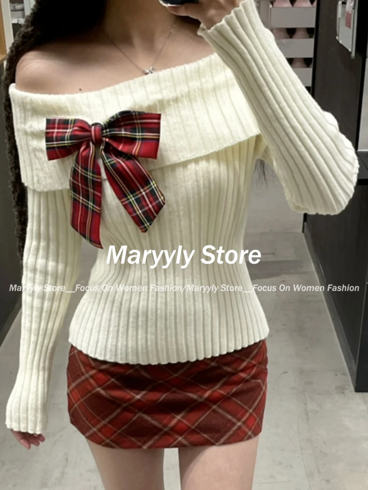 Korean Sweet New 2 Piece Set Women Y2k Bow Slash Neck Knitted Sweater + Vintage Plaid Mini Skirt Autumn Elegant  Fashion Outfits