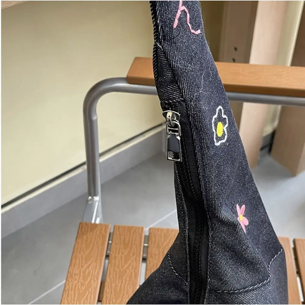 

Simple Cloth Denim Canvas Bag Retro Large Capacity Cartoon Pattern Shoulder Bag Handbag Korean Style Embroidery Tote Bag Travel