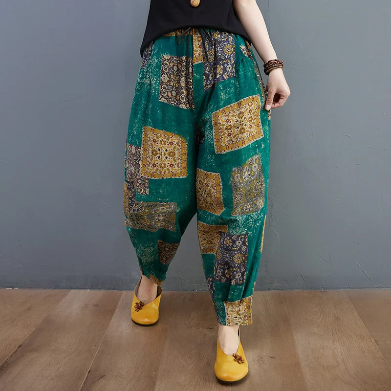 Print Vintage Ethnic Cotton Linen Harem Women 2023 Summer Loose Joger Pants Fashion High Waist Thin Mom Trousers