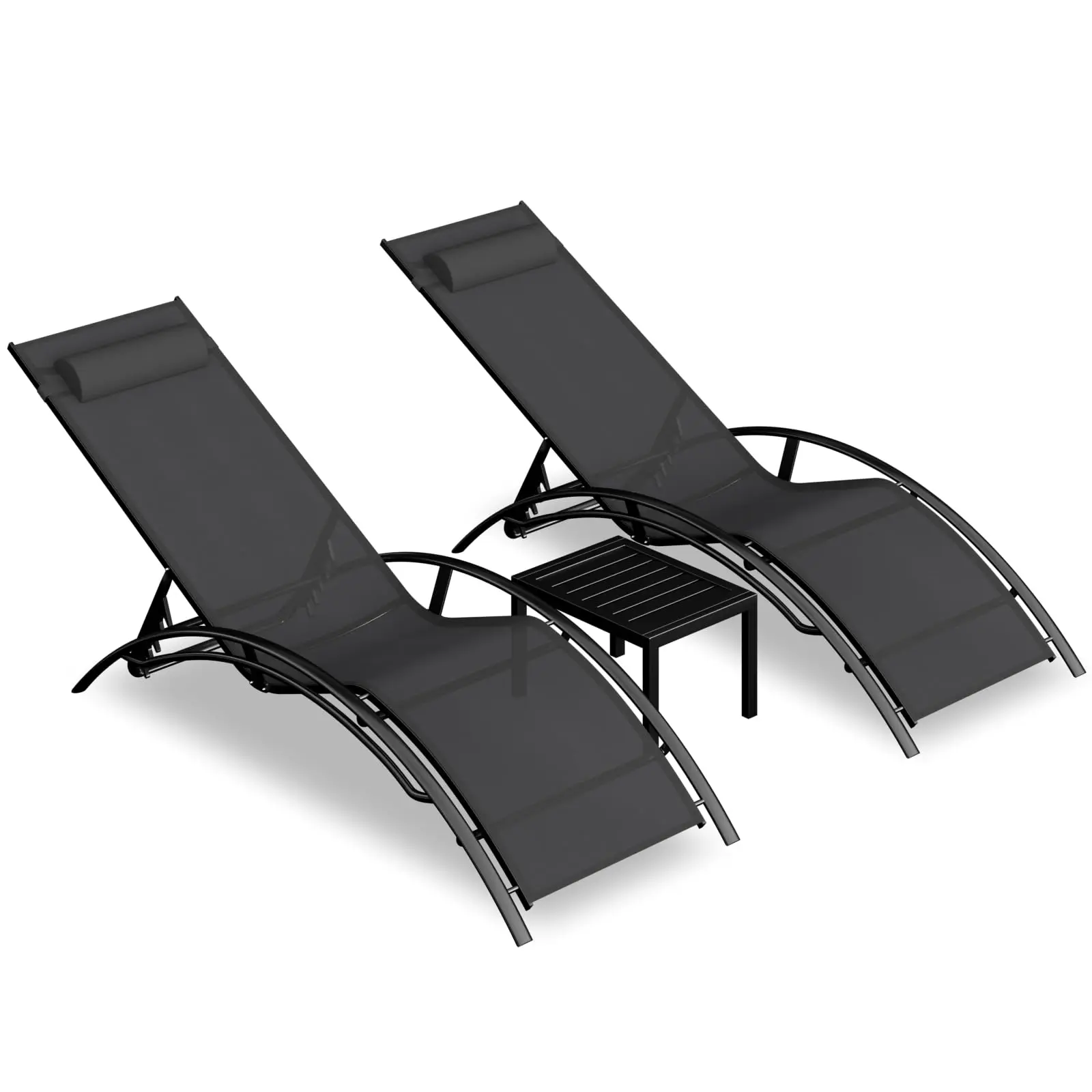 Aluminum Outdoor Chaise Lounge Set of 3,Patio Textilene Lounge Chairs w/Metal Table&Headrest,Sunbathing Recliner w/5