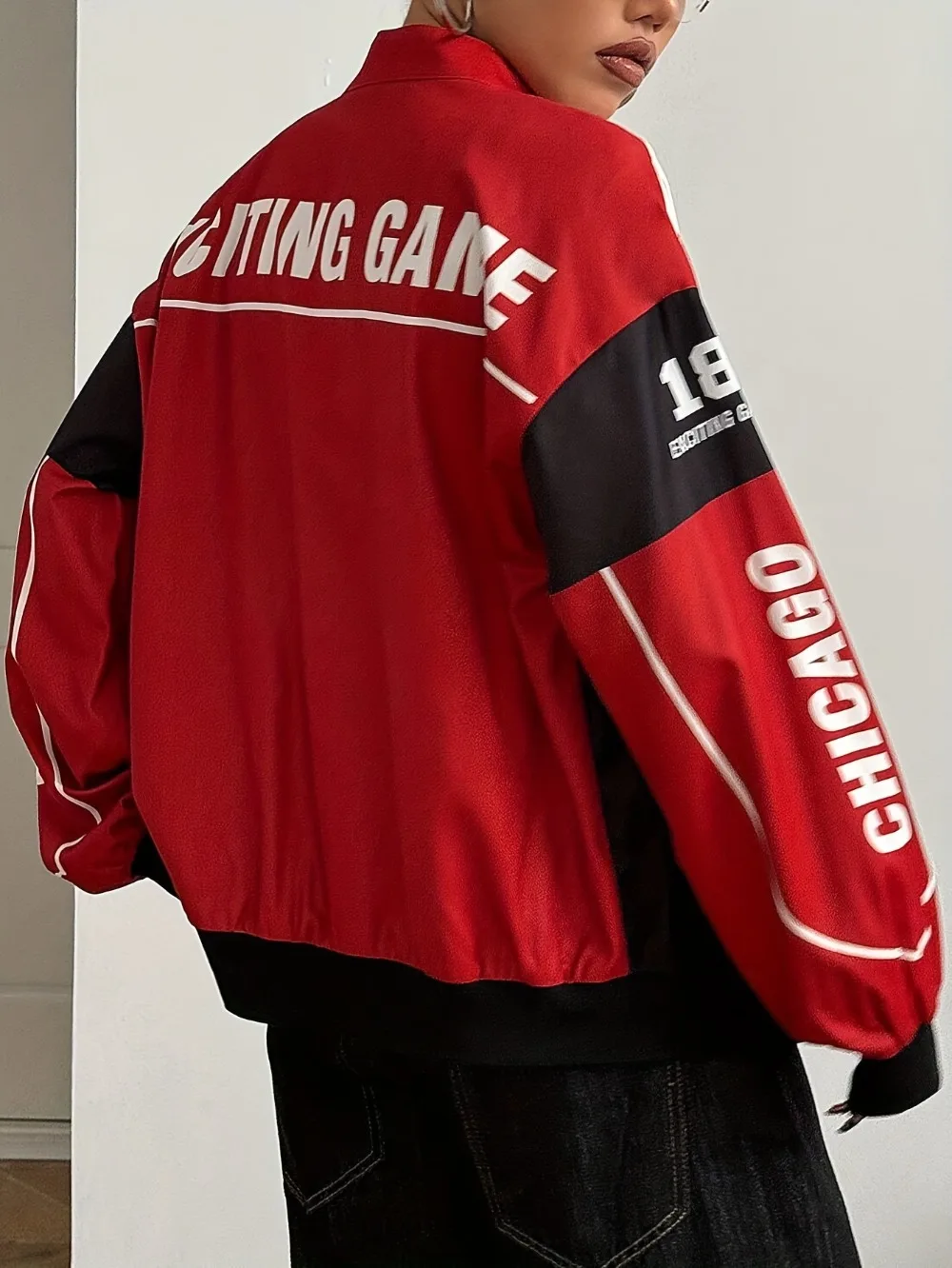 Frühling/Herbst College-Jacke Oberteile Damen Langarm Racing Bomber Letterman Jacken Farbblock Y2k Oberbekleidung Vintage Streetwear – Detail 5