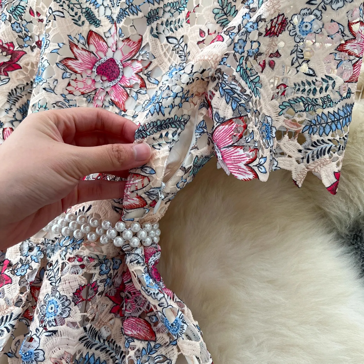 Vestido elegante de encaje calado para mujer, Vestido largo de fiesta de noche con cinturón y cuentas de cristal, manga corta, cuello redondo, bordado de flores, verano