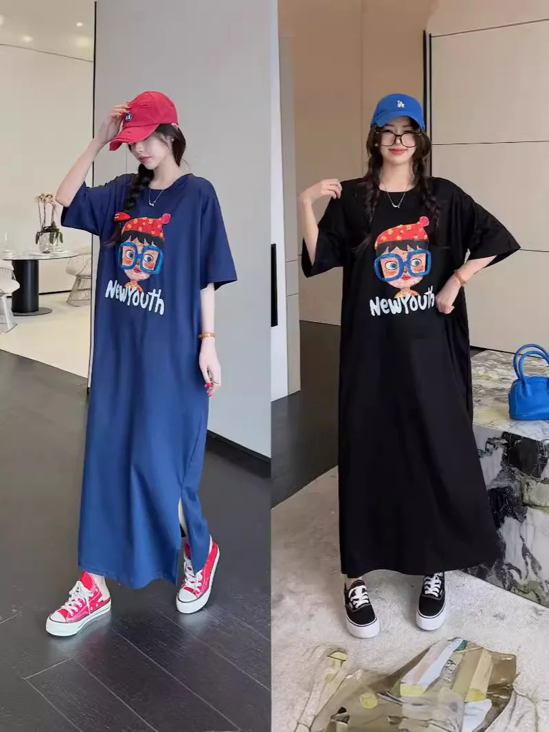 

Plus Size Casual Everyday Dresses With Loose Slits Long Short Sleeve T-Shirts Are Loose And Trendy 2025 Woman Clothes