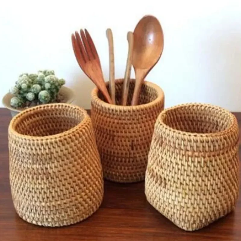 

Manual Rattan Chopsticks Tube Shovel Spoons Bucket Dinner Knives Forks Tableware Storage Box Home Storage Baskets Organizer Box