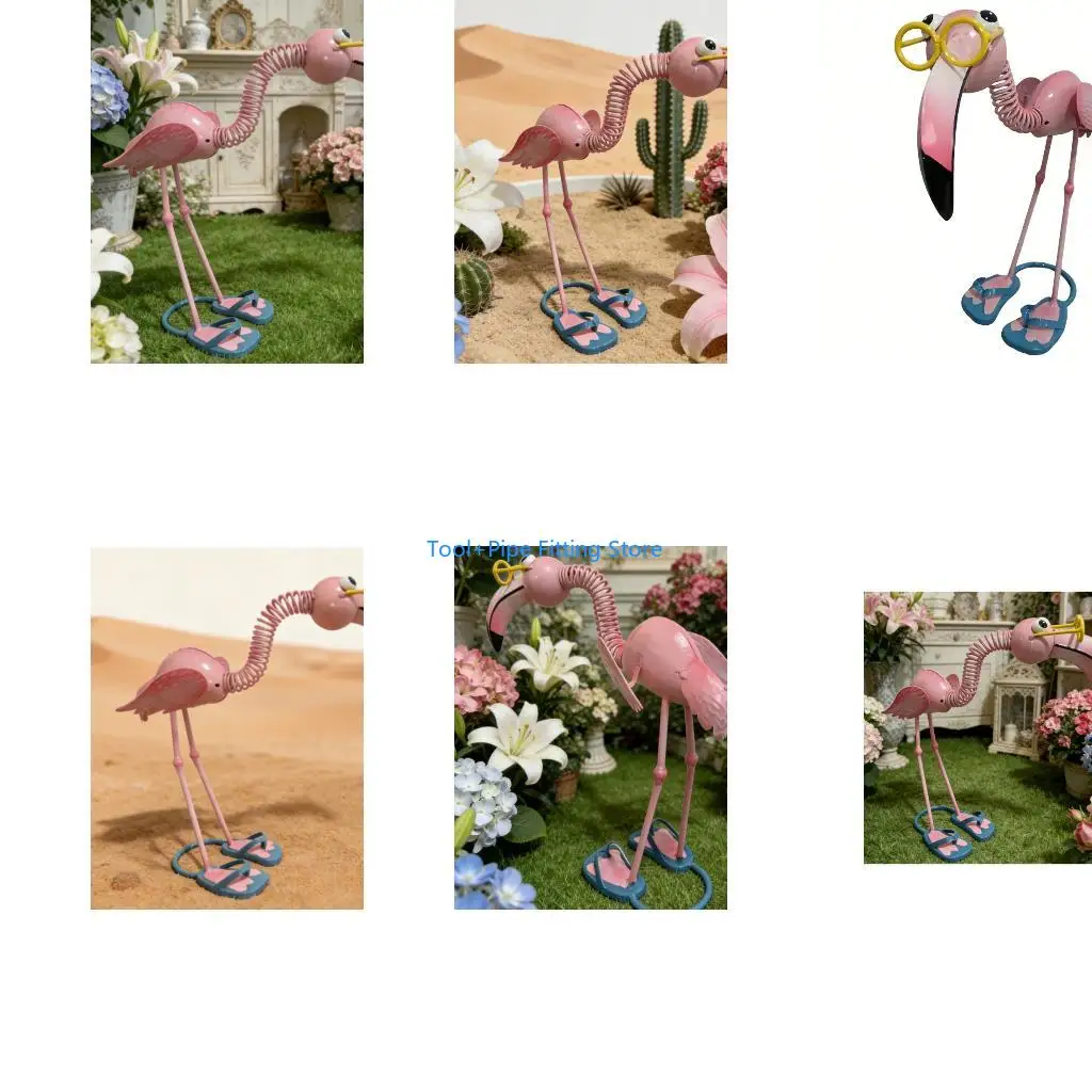 F92B Twelve Inch Tall Metal Flamingoes Yard Sculpture Featuring Dynamic Head Motion