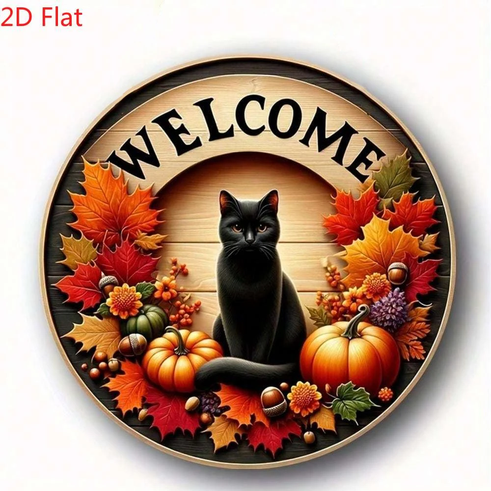 لافتة ترحيب معدنية مستديرة للخريف، عناصر حصاد القطط السوداء والخريف (القرع، أوراق القيقب)، ديكور حائط معدني معلق