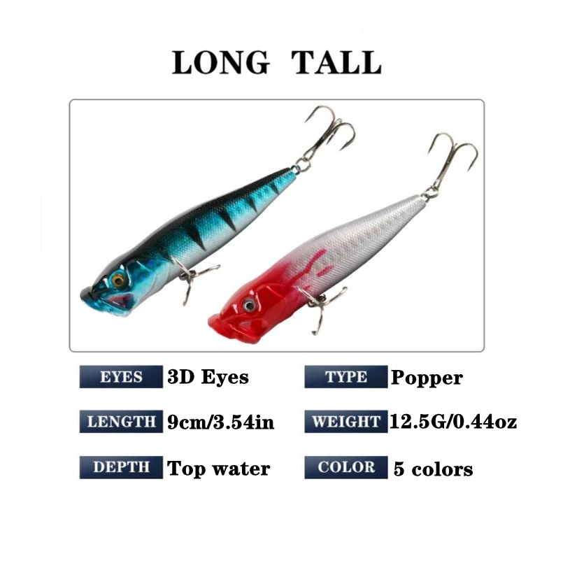 1Pcs Fishing Lures Topwater Popper Bait 9cm 12.5g Artificial Plastic Hard Bait Bass Pike Wobblers Fishing Tackle