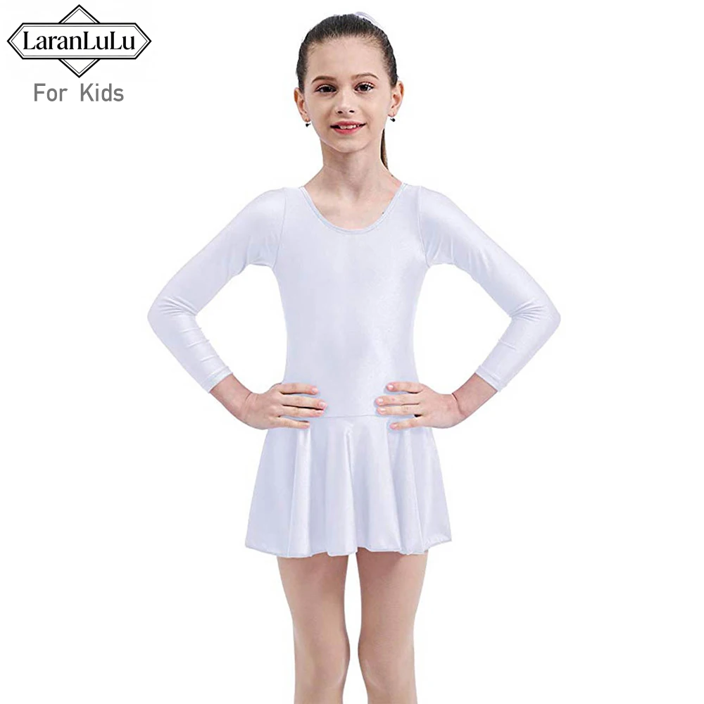 

LaranLULU Pink Long Sleeve Dance Leotard With Skirt For Girls Gymnastics Bosysuit Scoop Neck Spandex Costume Nylon Dance Clothes