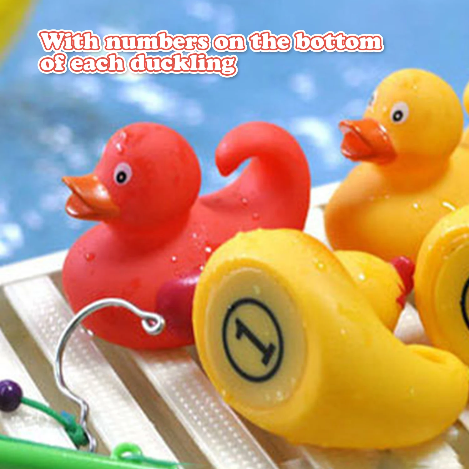 8 Pcs Bathtub Toy Duck Fishing Game - 2 toy fishing rods and 6 rubber ducks - teach numbers