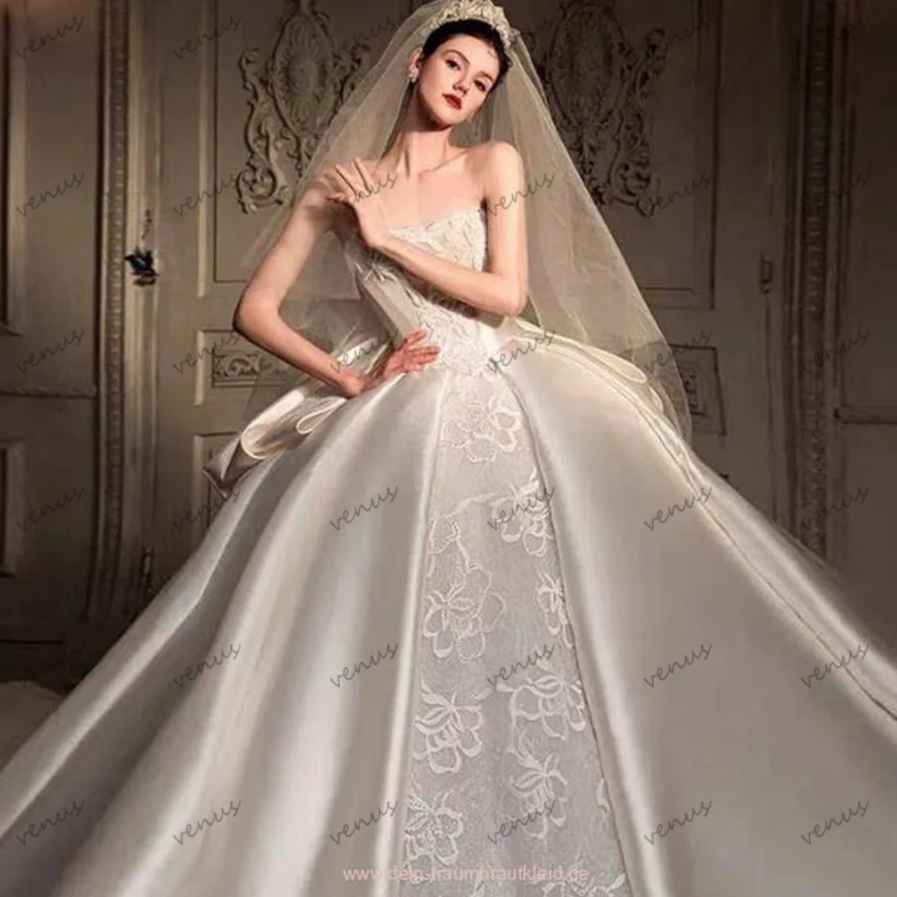 Charming Wedding Dresses A Line Satin Bridal Gowns Lace Tiered Robes Strapless Elegant Pretty Vestidos De Novia Customized 2026