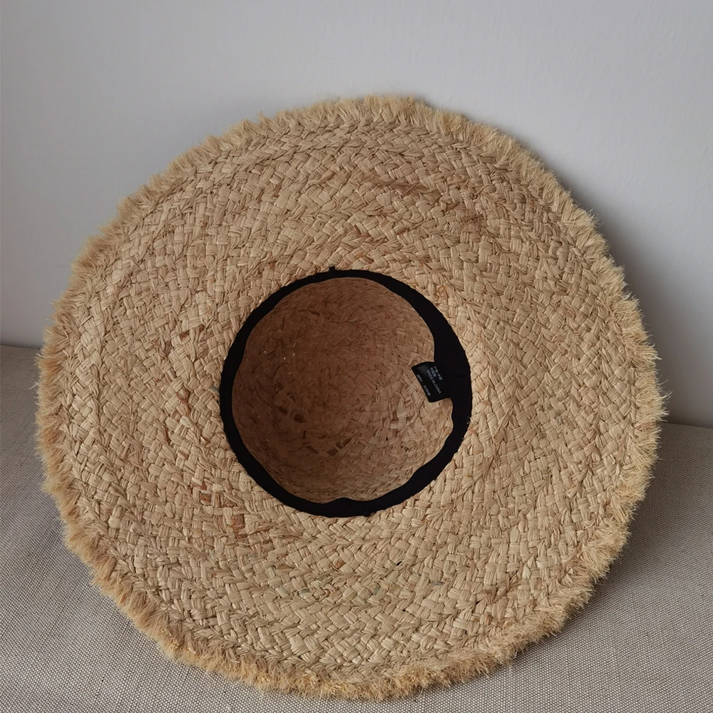 100% Raffia Straw Hand Weaved Rough Brim Floppy Straw Hat With String Trim Women Summer Straw Hat