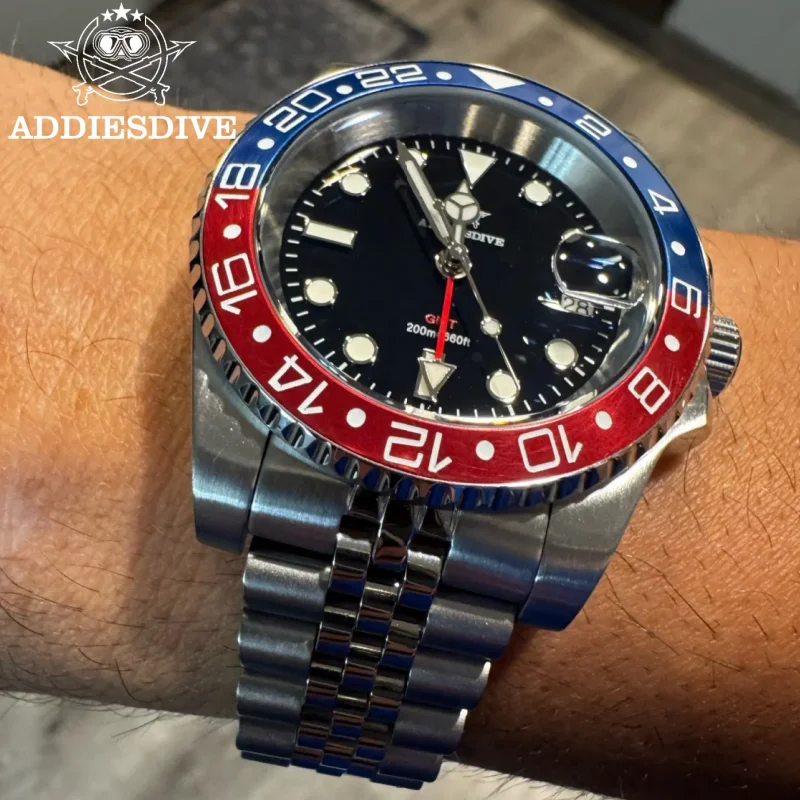 นาฬิกาข้อมือผู้ชาย ADDIESDIVE AD2050 BGW9 Super Luminous กันน้ำ 20 บาร์ ตัวเรือนสแตนเลสสตีล 316L ระบบควอตซ์ GMT ของสวิส Ronda 515-24