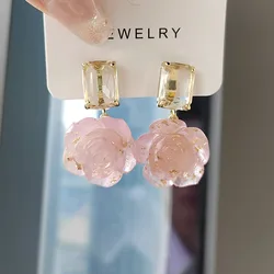 Fashion Elegant Temperament Crystal Pink Flower Pendant Earrings For Women Design Creative Sweet Acrylic Petal Earrings Jewelry