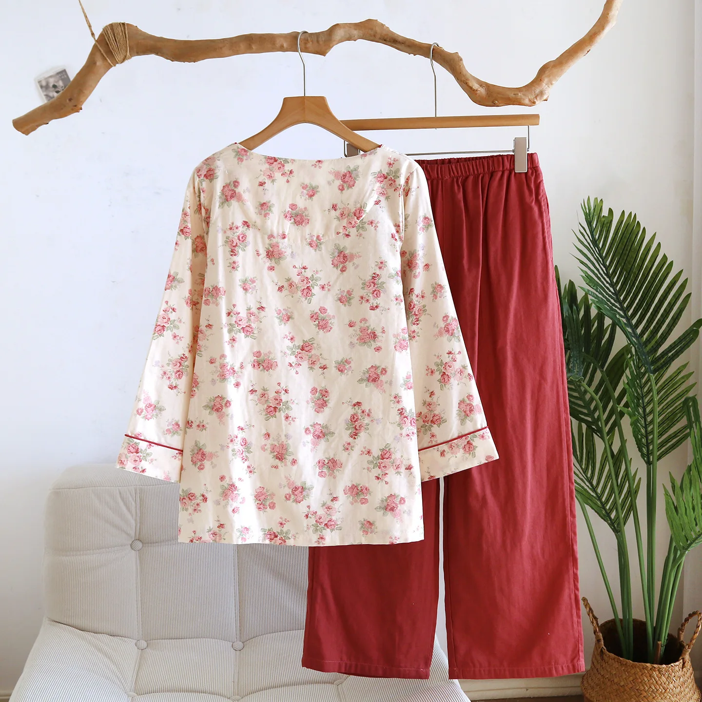 Chinese Women's Print Floral Pajama Set Cotton Long Sleeve Pullover Pants Two Piece Set Sweet Thin Home Clothing