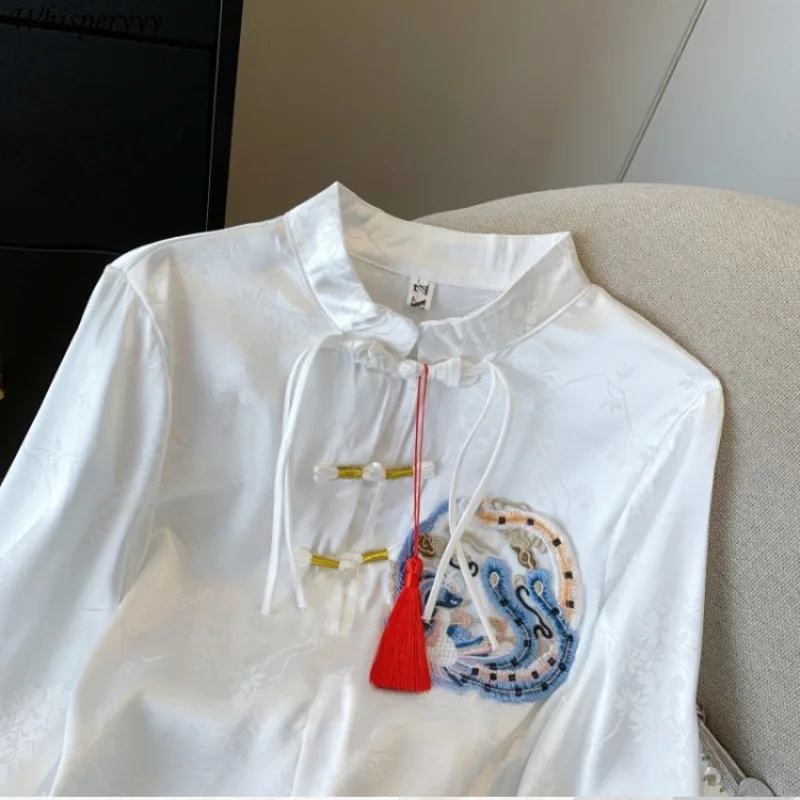 Chinese Style Satin Shirt Disc Buckle Pendant Long Sleeve Shirt Chiffon Tops Spring New Fashion Stand Collar Blouse for Ladies