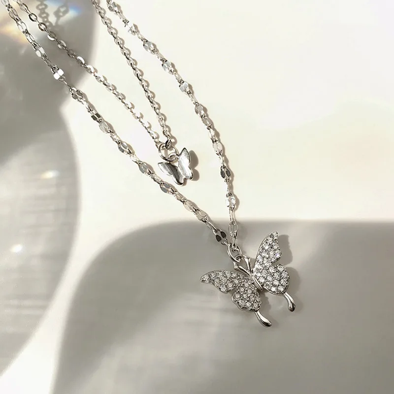

S925 Sterling Silver Double Layer Butterfly Necklace for Women INS Small Fresh Shiny Zircon Clavicle Chain Jewelry Accessories