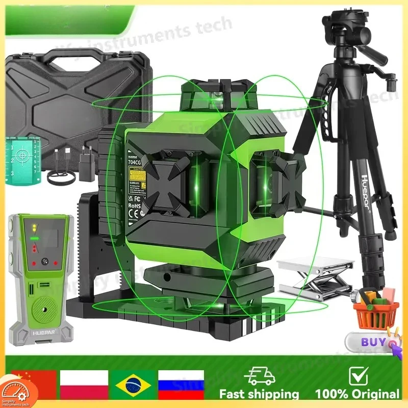 704CG 16-Line Laser Level 4D Self-Leveling Cross Line Green Beam Laser Tool with Rechargeable Li-ion Battery for